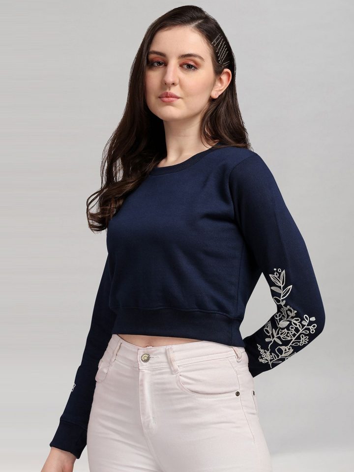 Women Cotton Embroidered Crop Sweatshirt
