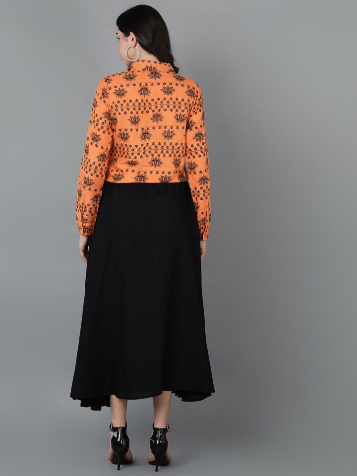 03bb2ee0-6991-4ad2-a475-51ba4b70af781688747323124WomenFitandFlareOrangeandBlackTopandSkirtSet4