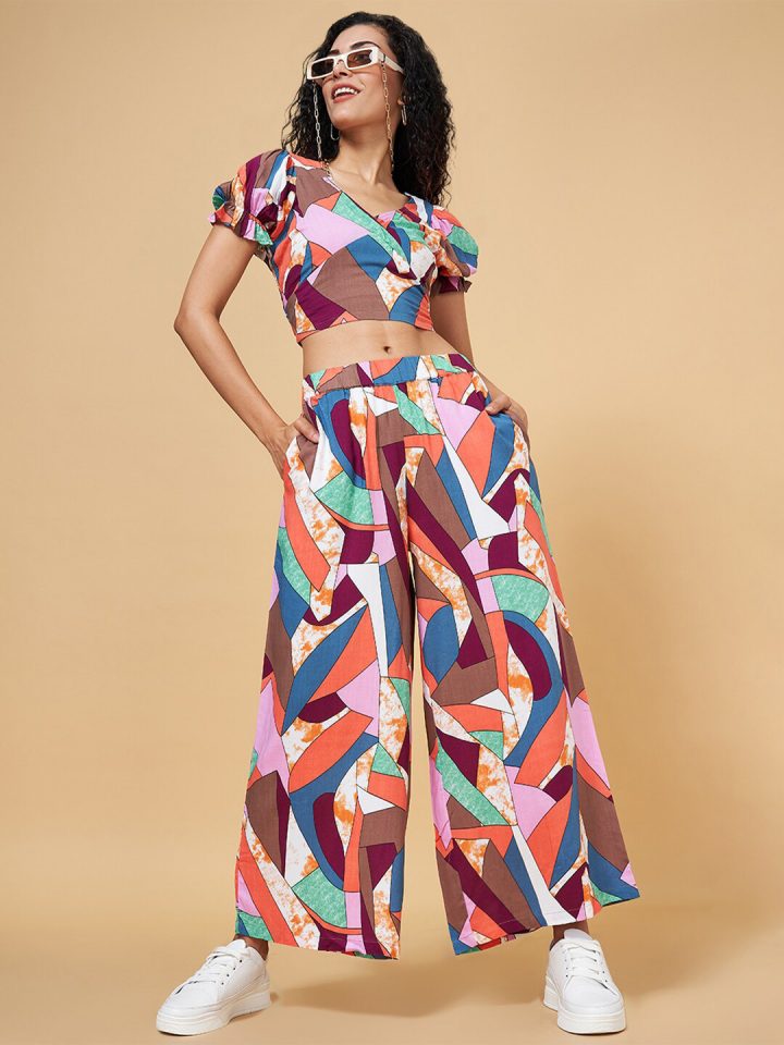 Layered Sets: Abstract Printed V-Neck Puff Sleeve Top & Bottom