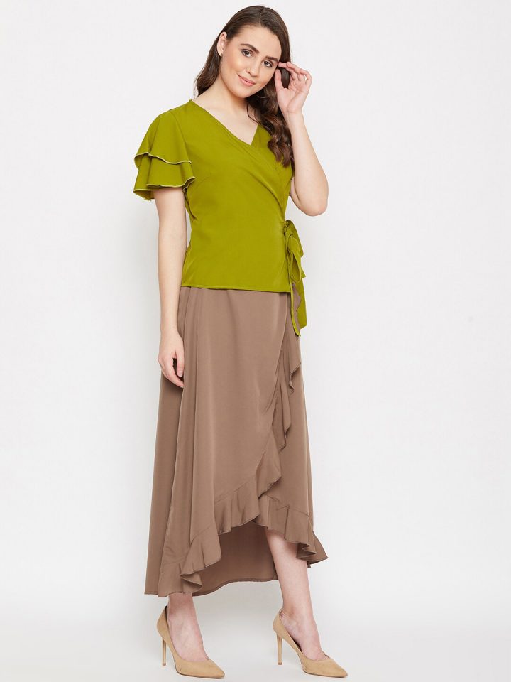 Layered Sets: Green & Brown Overlapping Top with Ruffled Skirt