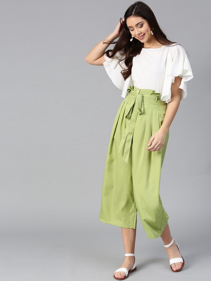 Layered Sets: White & Green Ruffled Top with Culottes