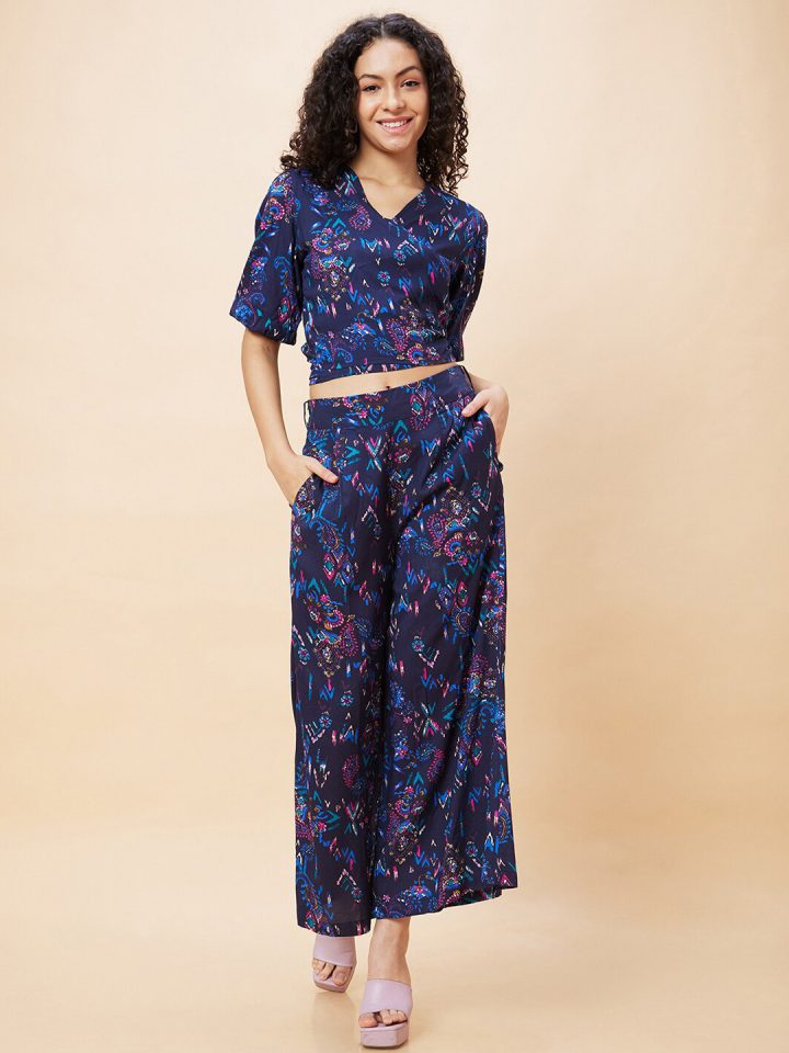 Fusion Co-ords: Paisley Print Wrap Tie-Back Crop Top & Flared Palazzos