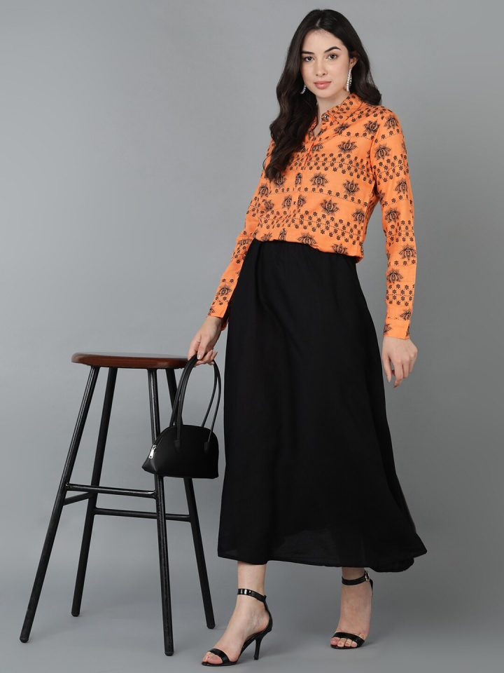 d44de8de-3fe5-4f1c-83d3-7ea65598d5e61688747323136WomenFitandFlareOrangeandBlackTopandSkirtSet5