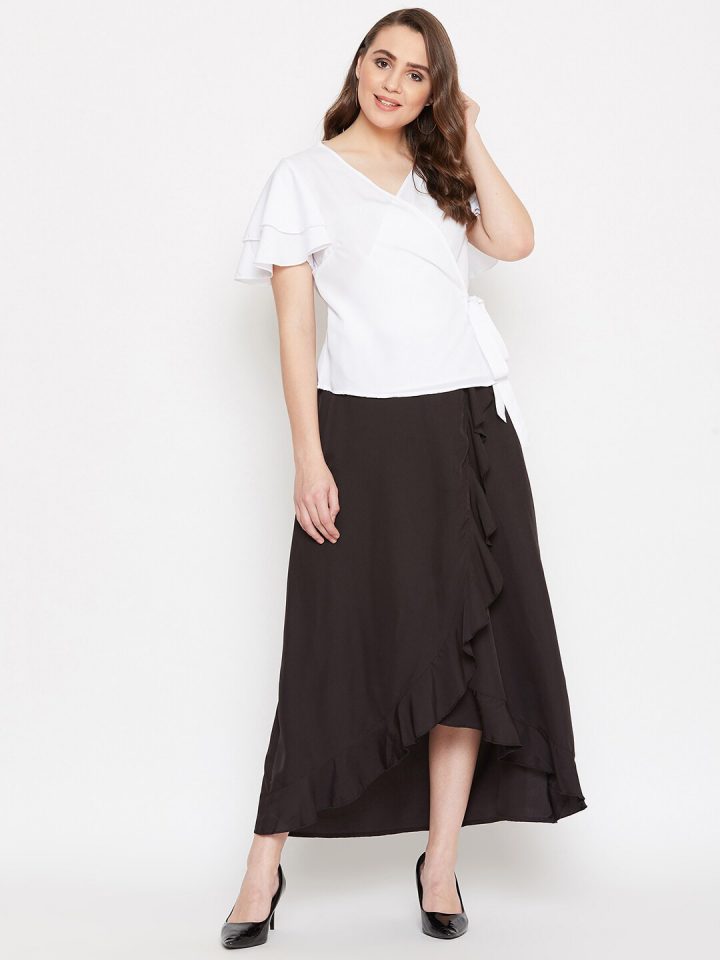 Layered Sets: Women White & Black Overlapping Top with Ruffled Skirt
